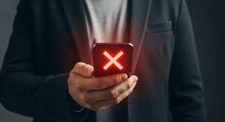 Person holding a phone with a red reject symbol.