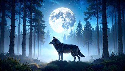 Wolf Standing In Forest At Night With Full Glowing Moon In Blue Hued Atmosphere