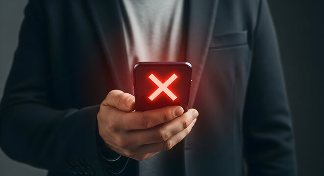 Person holding a phone with a red reject symbol.