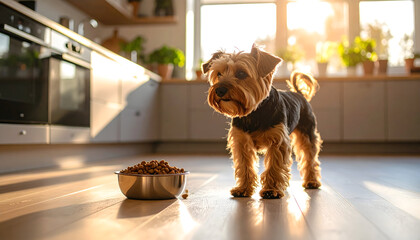 Yorkshire Terrier Dog Standing Beside Food Bowl in Brightly Lit Modern Kitchen with Wooden Flooring