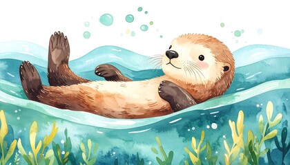 Cute otter floats in gentle waves
