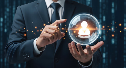 Businessman holding a crystal ball with a glowing figure inside, future concept.