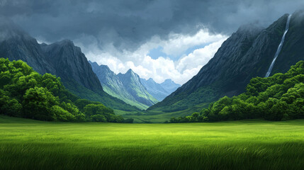 Fototapeta premium Serene Mountain Landscape with Lush Green Meadow and Dramatic Clouds Over Hills in a Captivating Natural Setting