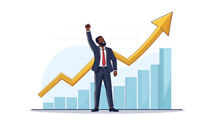 Successful Businessman Raising Fist with Upward Arrow Graph Symbolizing Growth and Achievement