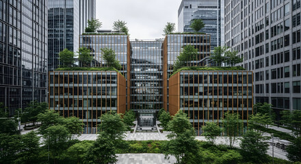 Modern urban architecture with green spaces between towering buildings.
