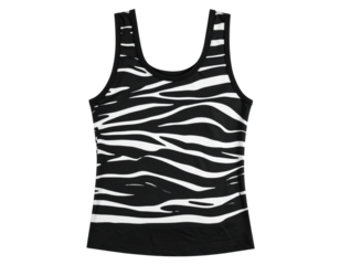 Black Tank Top with Bold Zebra Print Front View, Fashion Apparel, Isolated PNG