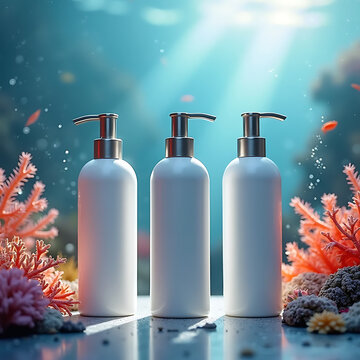 Three Cylindrical Bottles with Pumps on Coral Background