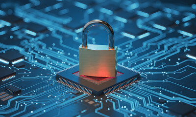 Digital security concept featuring a padlock sitting on a computer motherboard, symbolizing data protection, cyber safety, and technology's future.
