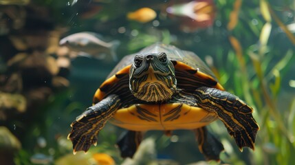 Close up shot of a red eared slider turtle swimming in an aquarium with fish and aquatic plants