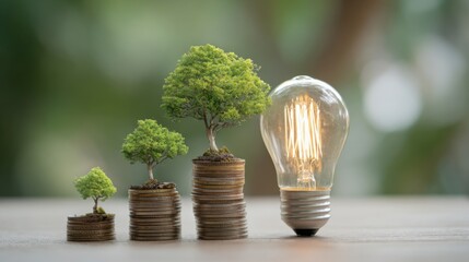 A tree is growing on top of a stack of coins and a light bulb. Concept of growth and progress, as the tree represents the future and the coins