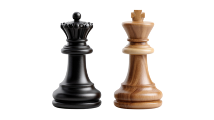Chess Kings and Queens: Highlighting the strategic heart of the game, a stark black queen stands proudly alongside a natural wood king, representing the pivotal figures in the art of chess. 