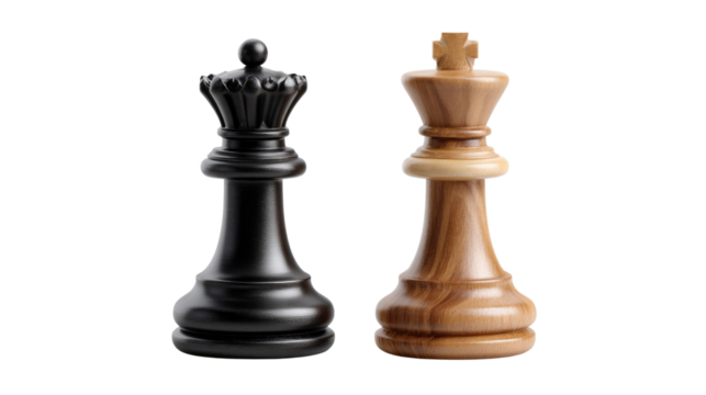 Chess Kings and Queens: Highlighting the strategic heart of the game, a stark black queen stands proudly alongside a natural wood king, representing the pivotal figures in the art of chess. 
