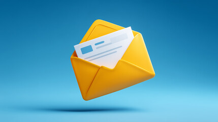 A cartoonish, letter with an yellow envelope, on a blue background. The letter is open and has white paper coming out from inside it.