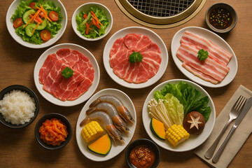 Asian Hot Pot with Raw Meat and Vegetables on Table Flatlay