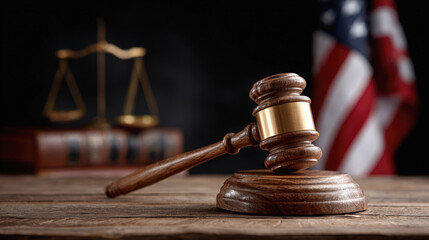 Wooden judges gavel rests on desk in courtroom, symbolizing justice and authority, with blurred American flag in background