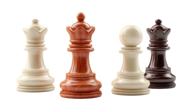 Chess Pieces Quartet: A strategic still-life captures the elegance of chess, with a quartet of meticulously carved pieces poised in readiness.