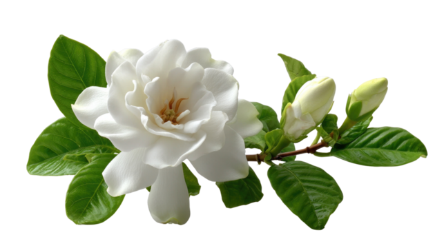 Gardenia Bloom in Delight: A pristine gardenia flower unveils its intricate petals and releases its delicate perfume, with fresh green leaves enhancing the delicate bloom's purity. 