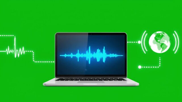 Audio waveform, digital sound transmission visualization with laptop screen and global network connection concept on green background for communication and technology themes - Powered by Adobe