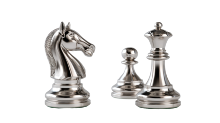 Silver Chess Set: A sophisticated arrangement of a knight, pawn, and queen chess pieces, rendered in elegant silver, capturing the strategic essence of the game.