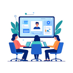 Three People Attending Virtual Business Meeting with Large Screen and Laptops in Blue Orange White and Green Color Theme Illustration