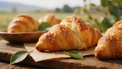 Several croissants are placed on a wooden cutting board, with a golden color and crispy crust, looking very delicious.