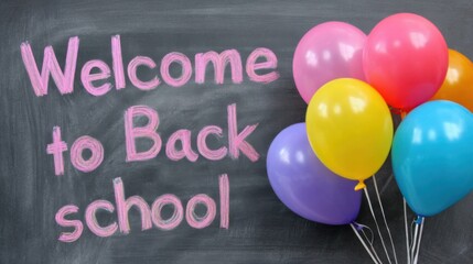 A chalkboard with the words "Welcome to Back School" written in pink. Above the words, there are balloons in various colors