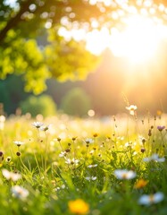 Sunlit Meadow of Daisies and Wildflowers in Golden Hour