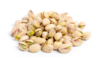 Heap of tasty pistachio nuts isolated on white