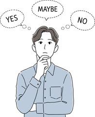 Young man contemplating decision, thinking about yes, maybe, or no, unsure choice, decision-making concept, uncertainty, hesitation, mental dilemma, decision process, thinking hard