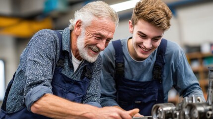 A man and a young man are working on a machine together. The older man is smiling and the younger man is laughing. Scene is lighthearted and friendly