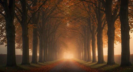 Fototapeta premium A misty autumn morning on a tree-lined road, with a solitary figure walking toward a golden light.
