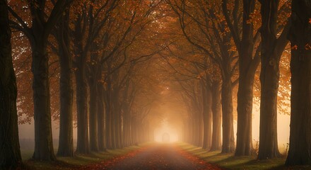 Fototapeta premium A misty autumn morning on a tree-lined road, with a solitary figure walking toward a golden light.