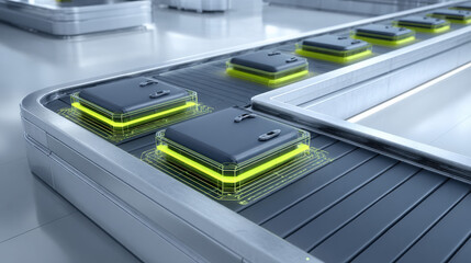 3D render of baggage carousel with digital overlay highlighting cleared luggage minimalism illustration concept scene visual for commercial design use high detail quality stock image illustration conc