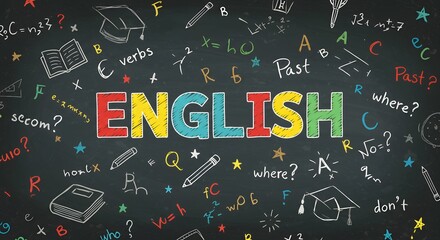 English language learning and education concept with various symbols and words written on a blackboard