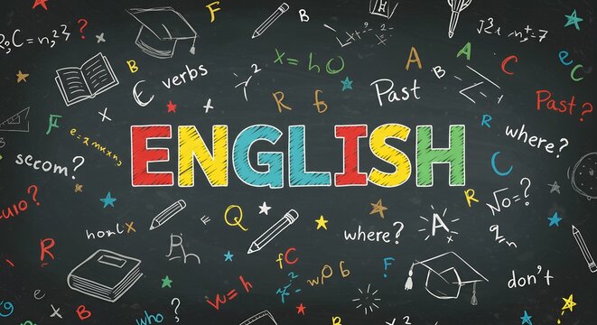 English language learning and education concept with various symbols and words written on a blackboard - Powered by Adobe