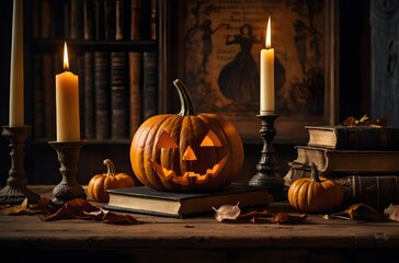 Obraz premium Vintage Halloween Still Life with Carved Pumpkin, Antique Candlesticks, Old Spell Books, and Candlelight Glow