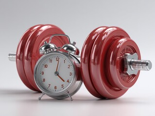 Red dumbbells with an alarm clock between them