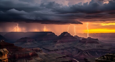 Photo of dramatic lightning storm illuminates the grand canyon at sunset, showcasing its vastness and geological beauty