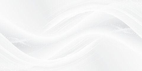 Abstract design with smooth, flowing white waves and a subtle scattering of small white dots on a light gray background.	

