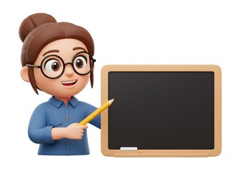 Cute cartoon teacher with glasses pointing at a blackboard, isolated on white background