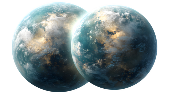 Binary planet system with two Earth-sized planets gravitationally locked, photorealistic, isolated on white