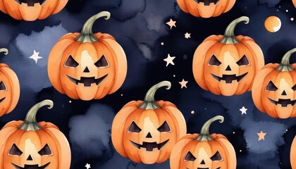Cartoon pumpkins with glowing faces float against a dark starry sky with twinkling stars.