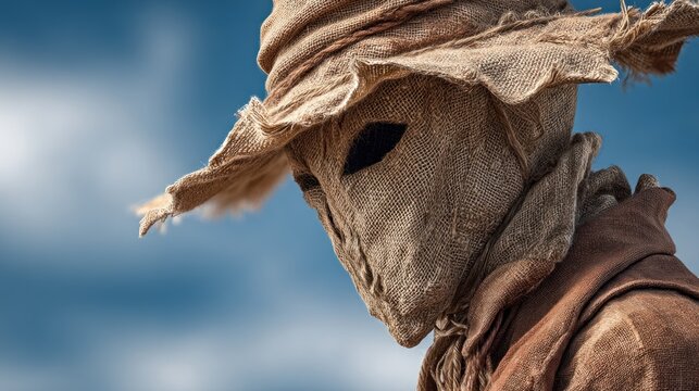 Mysterious scarecrow with burlap mask against a blurred sky background