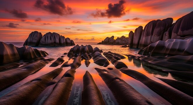 Photo of dramatic sunset over a tropical beach with unique granite rock formations and calm ocean water
