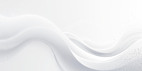 Abstract design with smooth, flowing white waves and a subtle scattering of small white dots on a light gray background.	
