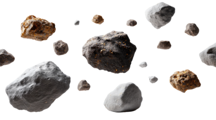 Meteorite Shower: A visually stunning composition featuring several meteorites of varied sizes and textures, dramatically floating in space, representing the raw power of celestial bodies.