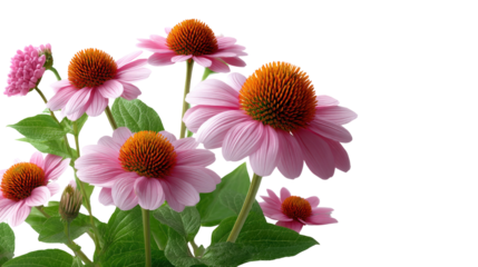 Echinacea Flowers Bloom: Vibrant pink petals and striking orange centers of echinacea flowers, a symbol of health and natural beauty, radiate against a backdrop of lush green leaves.
