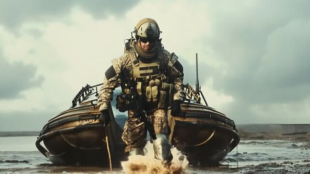 Marine Soldier landing on beach from hovercraft 4K Videos