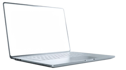 Modern Silver Laptop with Blank Screen Angled Open Position.