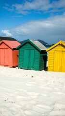 Fototapeta premium Colorful beach huts on a pristine white sand beach under a vibrant blue sky